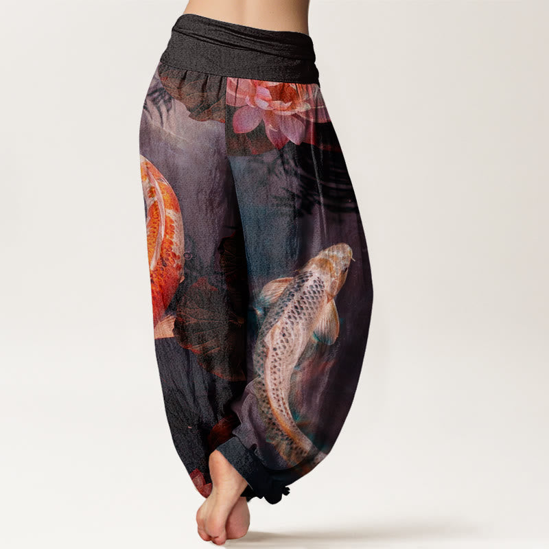 Buddha Stones Casual Koi Fish Lotus Water Ripples Pattern Women's Elastic Waist Harem Pants - image 6