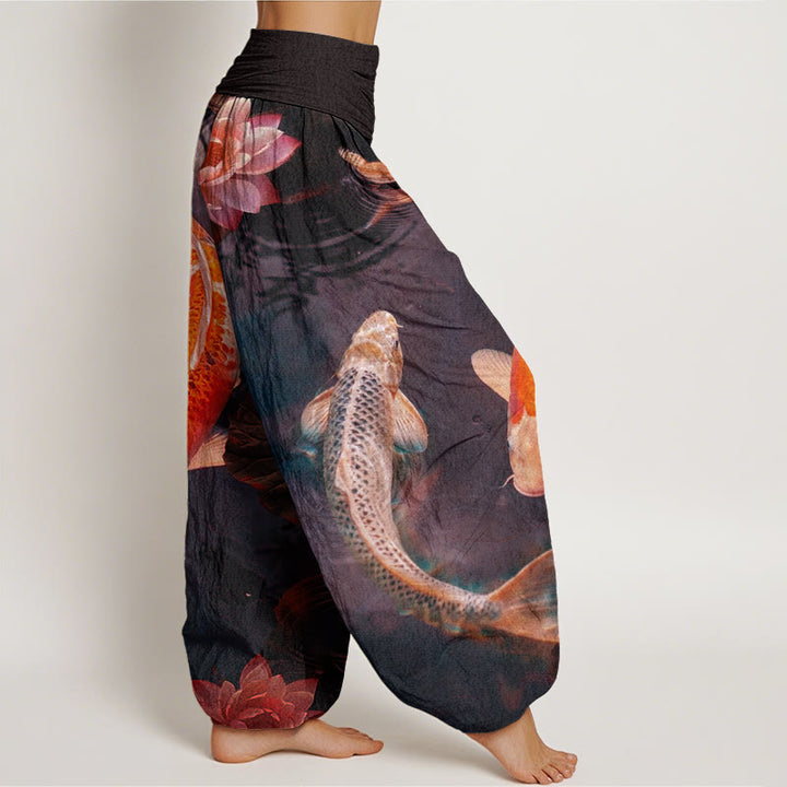 Buddha Stones Casual Koi Fish Lotus Water Ripples Pattern Women's Elastic Waist Harem Pants - image 5