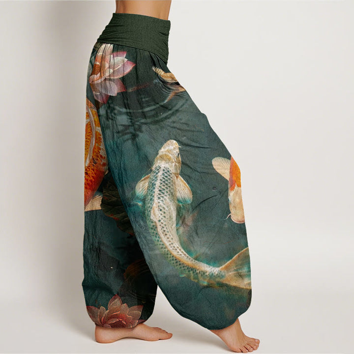 Buddha Stones Casual Koi Fish Lotus Water Ripples Pattern Women's Elastic Waist Harem Pants - image 8