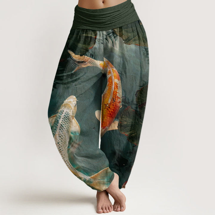 Buddha Stones Casual Koi Fish Lotus Water Ripples Pattern Women's Elastic Waist Harem Pants - DarkSlateGray - US22，UK/AU26，EU54 (6XL) - image 7