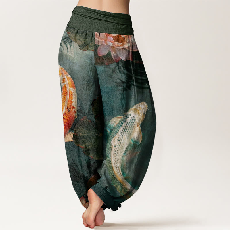 Buddha Stones Casual Koi Fish Lotus Water Ripples Pattern Women's Elastic Waist Harem Pants - image 9