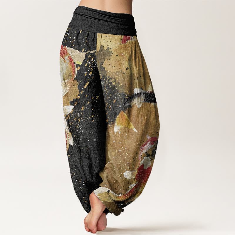 Buddha Stones Casual Koi Fish Gold Ink Background Pattern Women's Elastic Waist Harem Pants - image 1