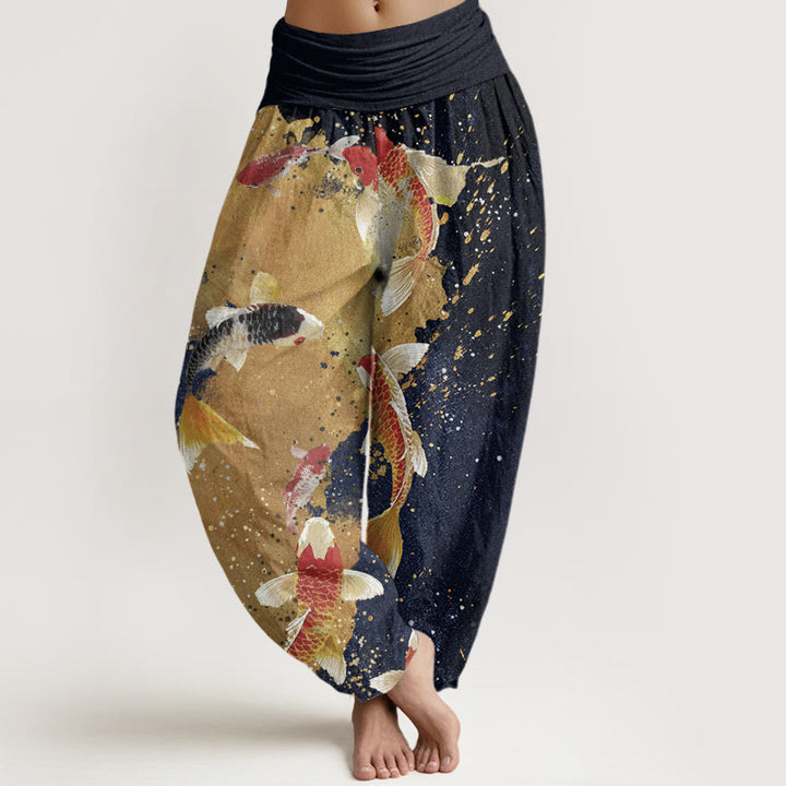 Buddha Stones Casual Koi Fish Gold Ink Background Pattern Women's Elastic Waist Harem Pants - MidnightBlue - US22，UK/AU26，EU54 (6XL) - image 4
