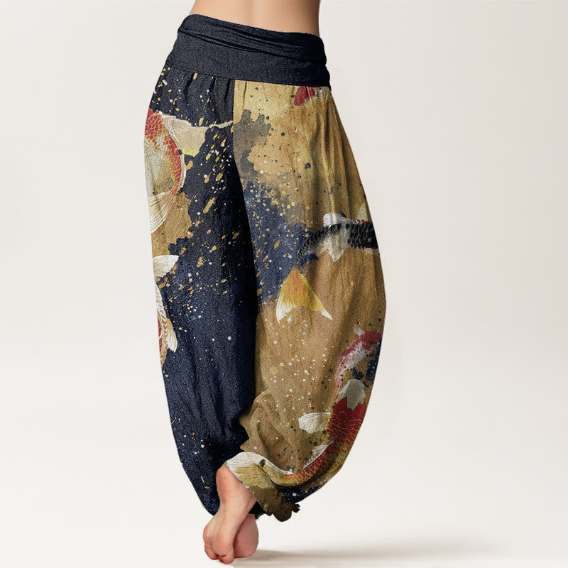 Buddha Stones Casual Koi Fish Gold Ink Background Pattern Women's Elastic Waist Harem Pants - image 6