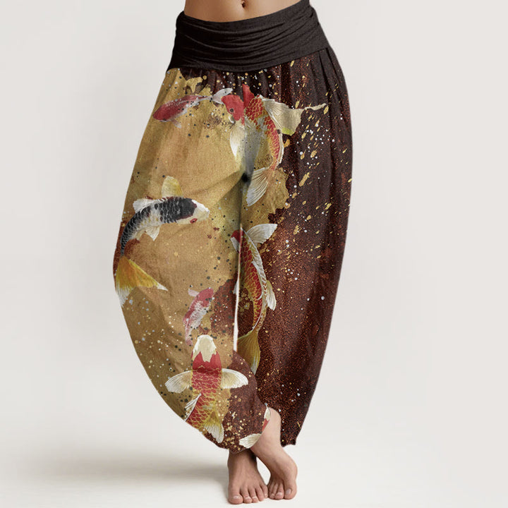 Buddha Stones Cotton Casual Koi Fish Gold Ink Background Pattern Women's Elastic Waist Harem Pants - SaddleBrown - US22，UK/AU26，EU54 (6XL) - image 7