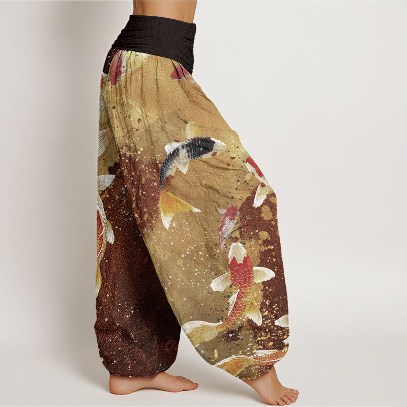 Buddha Stones Casual Koi Fish Gold Ink Background Pattern Women's Elastic Waist Harem Pants - image 8