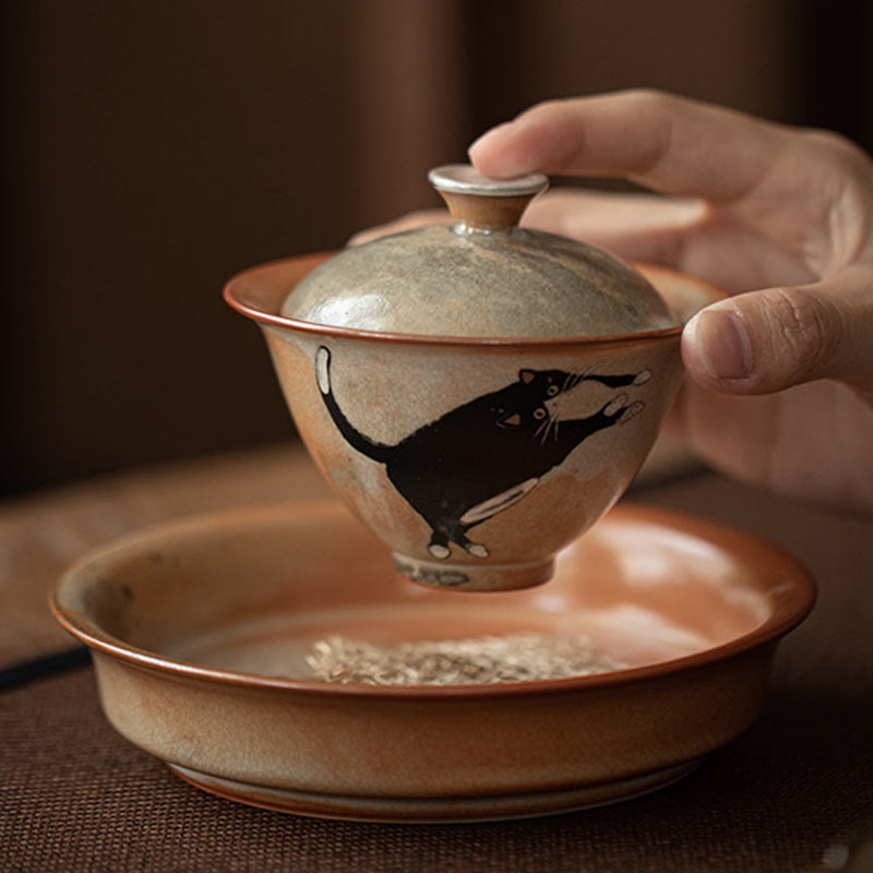 Buddha Stones Cute Cat Ceramic Gaiwan Teacup Kung Fu Tea Cup With Lid 130ml - image 9