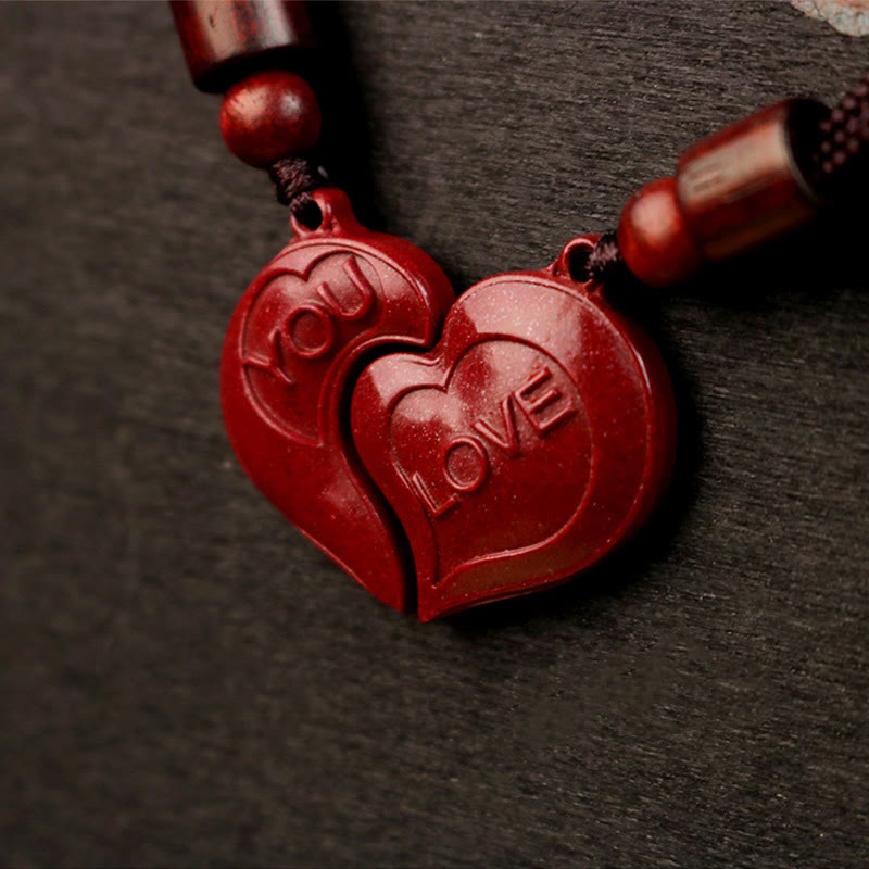 Buddha Stones 2Pcs LOVE YOU Natural Cinnabar Love Heart String Blessing Couple Necklace Pendant - Cinnabar - image 0
