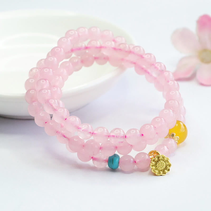 Buddha Stones Pink Crystal Multi-Circle Yellow Chalcedony Lotus Warmth Bracelet - Pink Crystal (Wrist Circumference: 14-24cm) - image 0