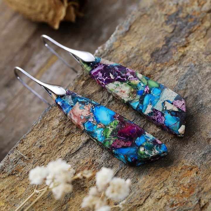 Buddha Stones Natural Emperor Stone Geometric Crystal Anti-Stress Earrings - Blue Emperor Stone(Copper Posts)-Silvery - image 1
