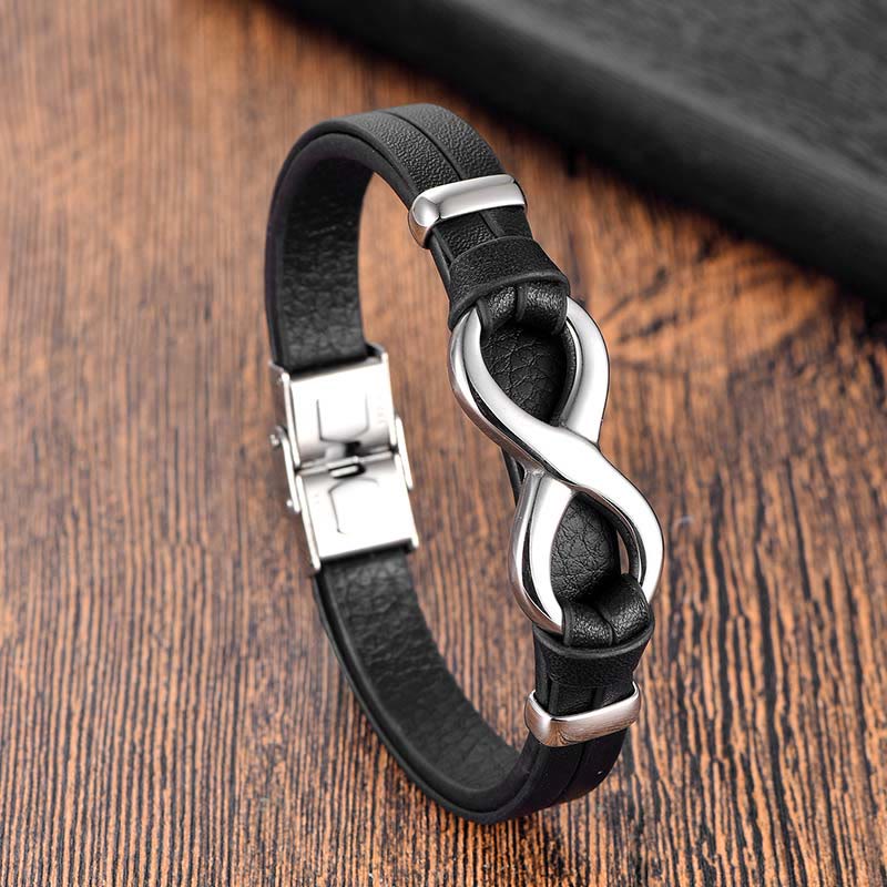 Buddha Stones Endless Knot Titanium Steel Strengthen Leather Buckle Bracelet - Silver(Wrist Circumference: 18-20cm) - image 0