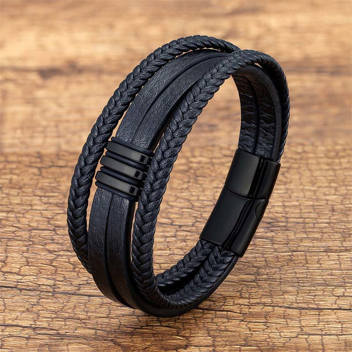 Buddha Stones Handmade Braided Leather Calm Titanium Steel Buckle Bracelet - Black - 18-22cm - image 0