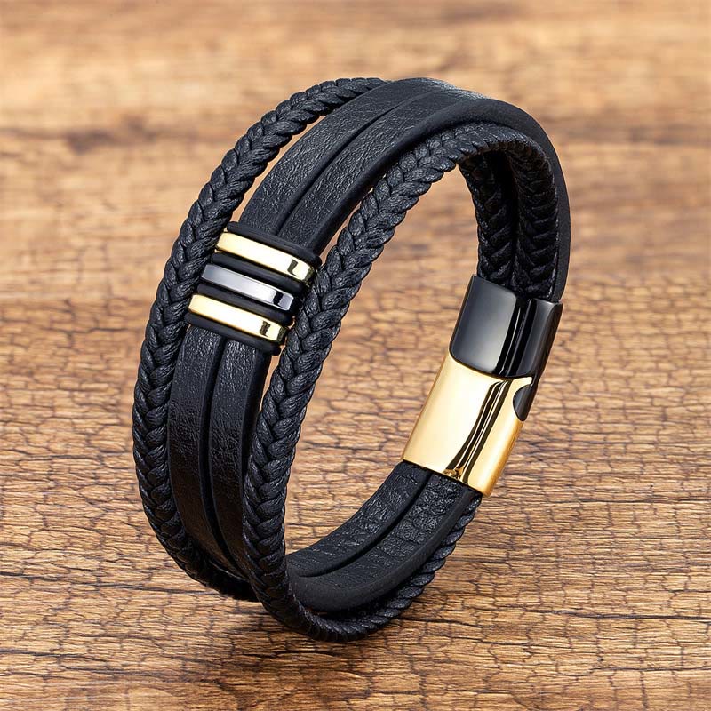 Buddha Stones Handmade Braided Leather Calm Titanium Steel Buckle Bracelet - Black Gold - 18-22cm - image 1