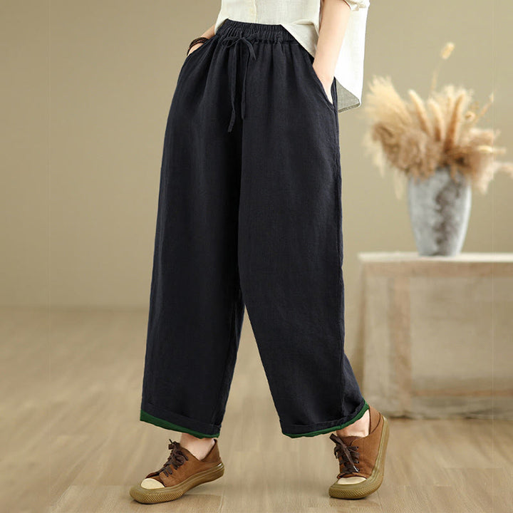 Buddha Stones Spring Casual Simple Design Drawstring Cotton Linen Women's Wide Leg Pants With Pockets - Black - US8-10，UK/AU12-14，EU40-42 (2XL) - image 18