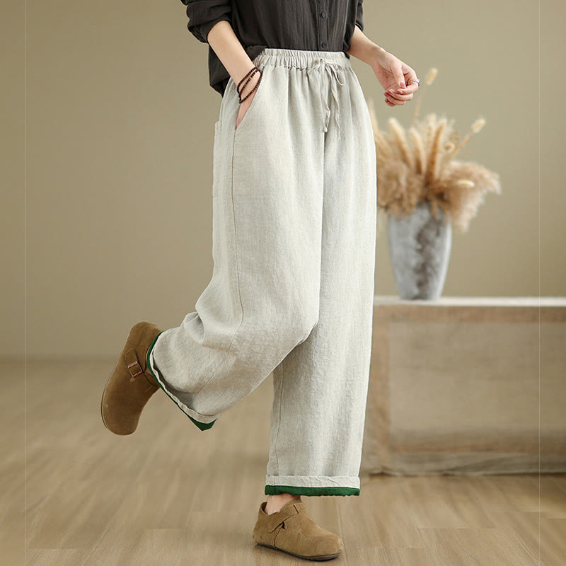 Buddha Stones Spring Casual Simple Design Drawstring Cotton Linen Women's Wide Leg Pants With Pockets - image 3