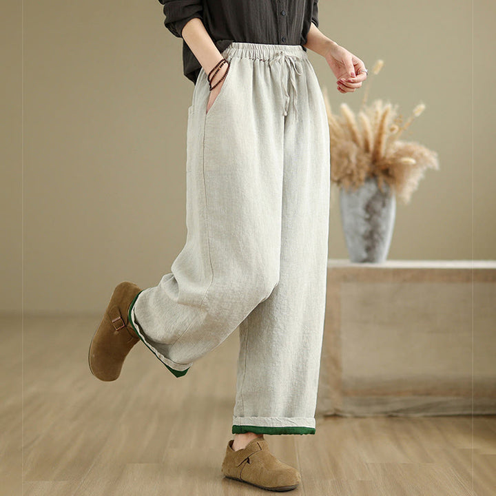 Buddha Stones Spring Casual Simple Design Drawstring Cotton Linen Women's Wide Leg Pants With Pockets - image 3