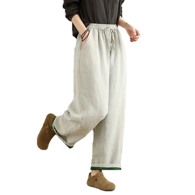 Buddha Stones Spring Casual Simple Design Drawstring Cotton Linen Women's Wide Leg Pants With Pockets - image 7