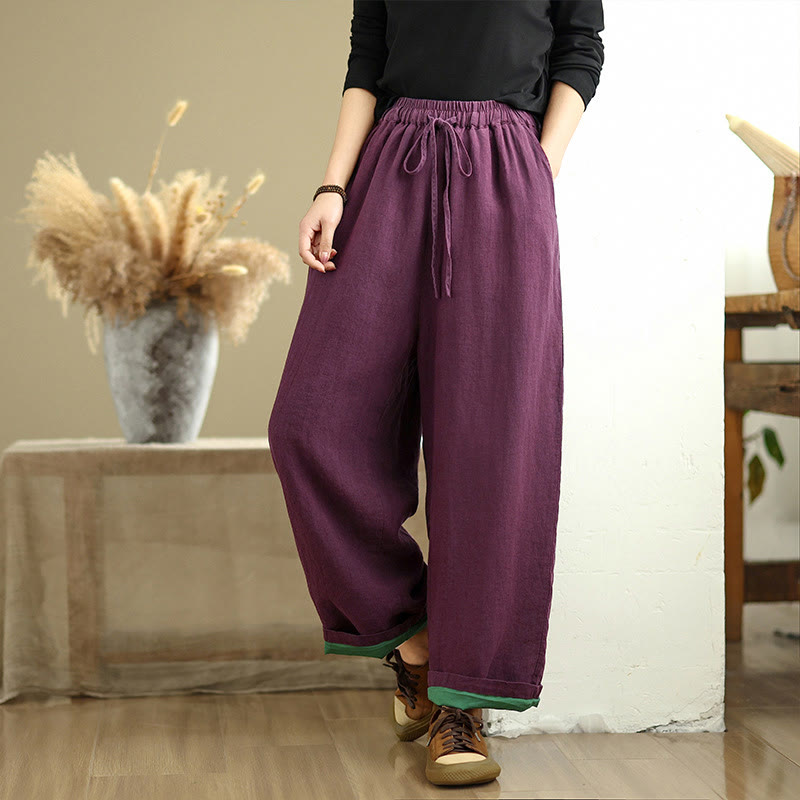 Buddha Stones Spring Casual Simple Design Drawstring Cotton Linen Women's Wide Leg Pants With Pockets - image 11