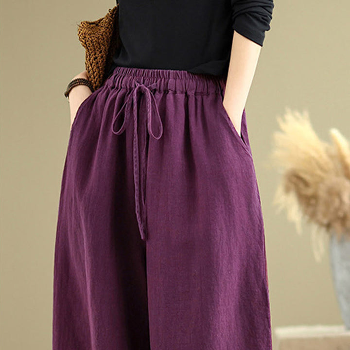 Buddha Stones Spring Casual Simple Design Drawstring Cotton Linen Women's Wide Leg Pants With Pockets - image 12