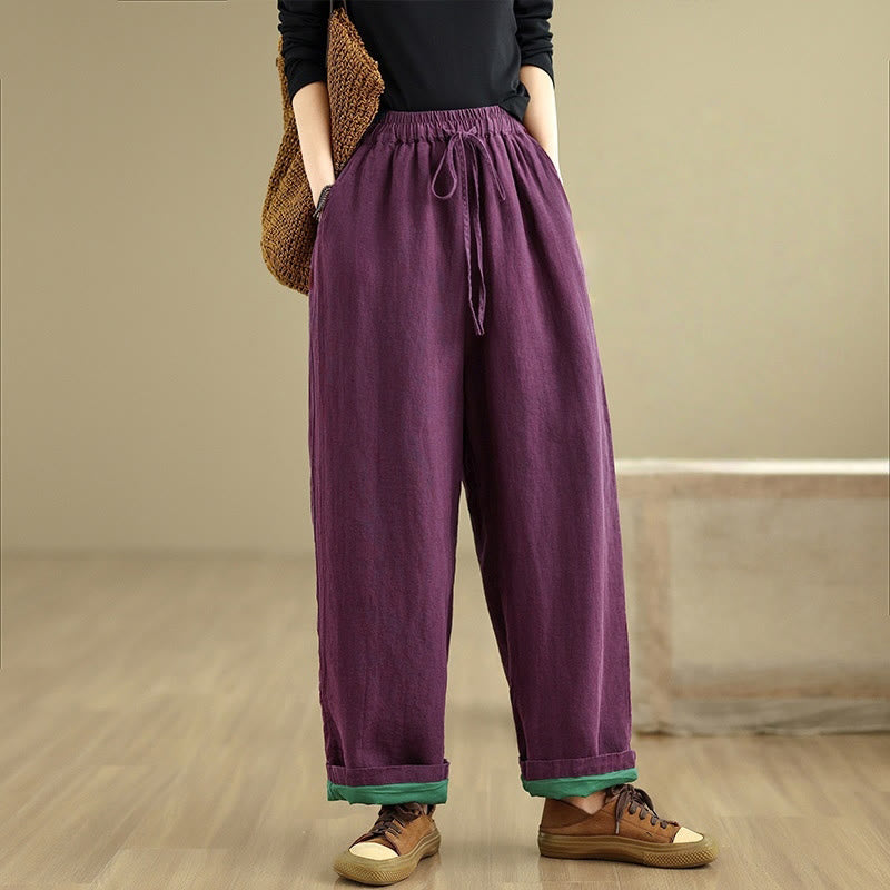 Buddha Stones Spring Casual Simple Design Drawstring Cotton Linen Women's Wide Leg Pants With Pockets - Purple - US8-10，UK/AU12-14，EU40-42 (2XL) - image 8