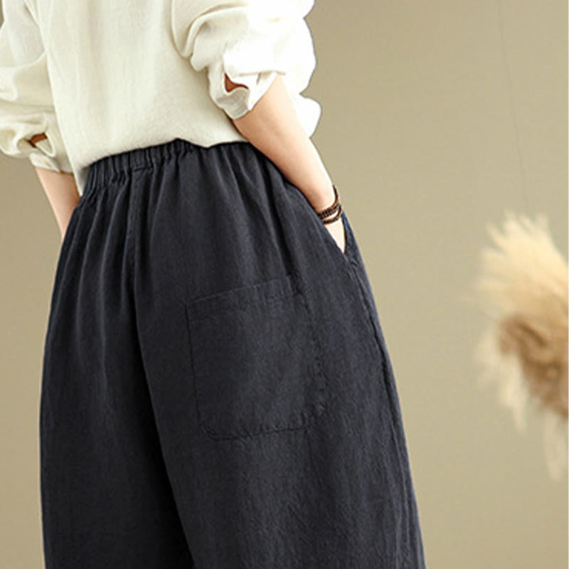 Buddha Stones Spring Casual Simple Design Drawstring Cotton Linen Women's Wide Leg Pants With Pockets - image 23