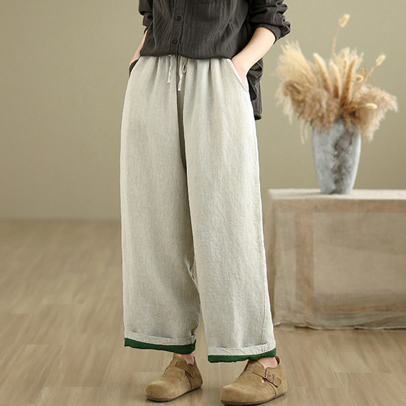 Buddha Stones Spring Casual Simple Design Drawstring Cotton Linen Women's Wide Leg Pants With Pockets - image 1