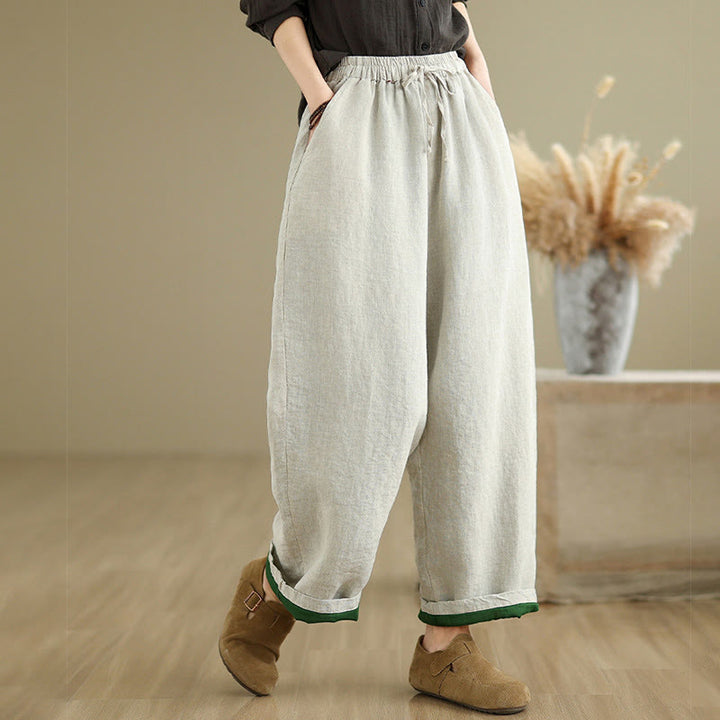 Buddha Stones Spring Casual Simple Design Drawstring Cotton Linen Women's Wide Leg Pants With Pockets - image 4