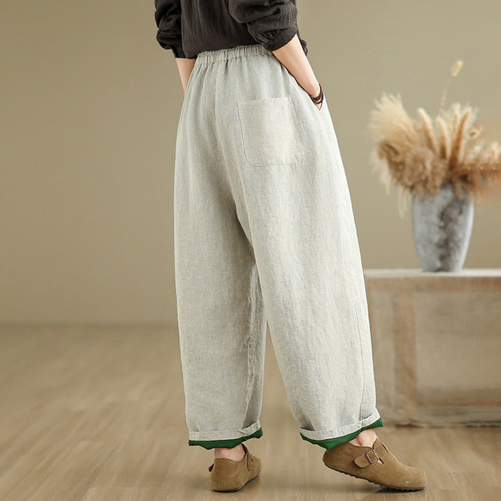 Buddha Stones Spring Casual Simple Design Drawstring Cotton Linen Women's Wide Leg Pants With Pockets - image 5