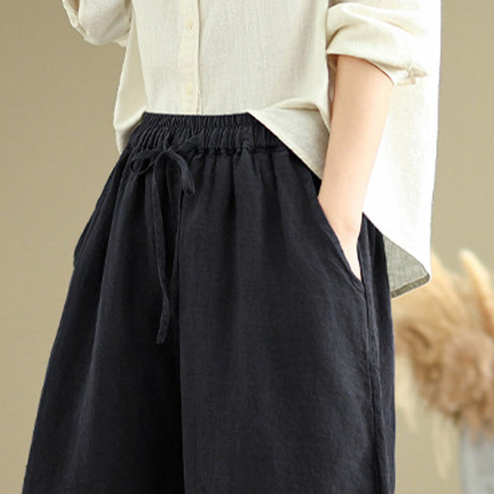 Buddha Stones Spring Casual Simple Design Drawstring Cotton Linen Women's Wide Leg Pants With Pockets - image 22
