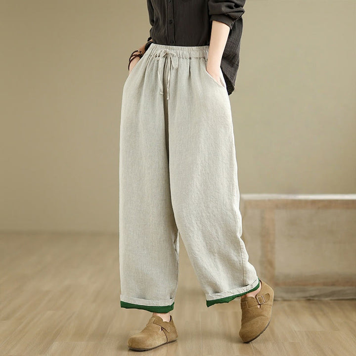 Buddha Stones Spring Casual Simple Design Drawstring Cotton Linen Women's Wide Leg Pants With Pockets - Linen - US8-10，UK/AU12-14，EU40-42 (2XL) - image 0