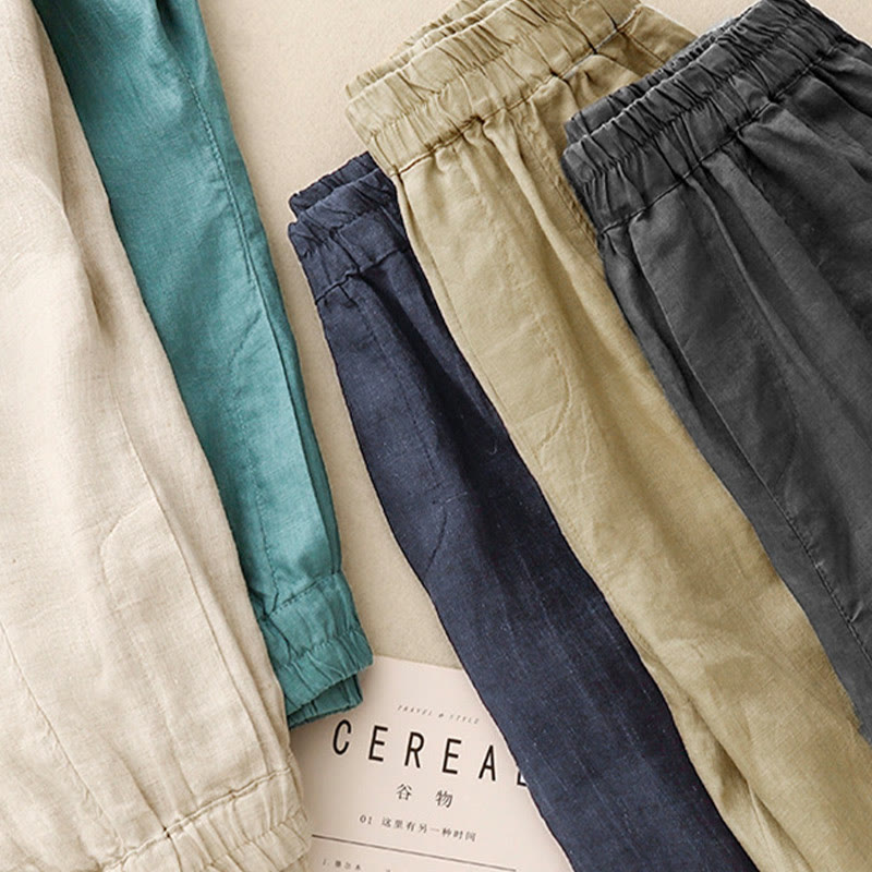 Buddha Stones Summer Solid Color Side Button Design Cotton Linen Women's Harem Pants With Pockets - image 24