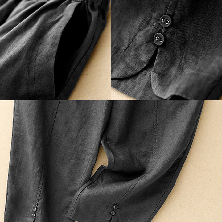 Buddha Stones Summer Solid Color Side Button Design Cotton Linen Women's Harem Pants With Pockets - image 14