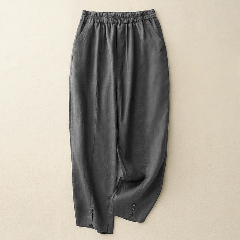 Buddha Stones Summer Solid Color Side Button Design Cotton Linen Women's Harem Pants With Pockets - DarkSlateGray - US8-10，UK/AU12-14，EU40-42 (2XL) - image 12