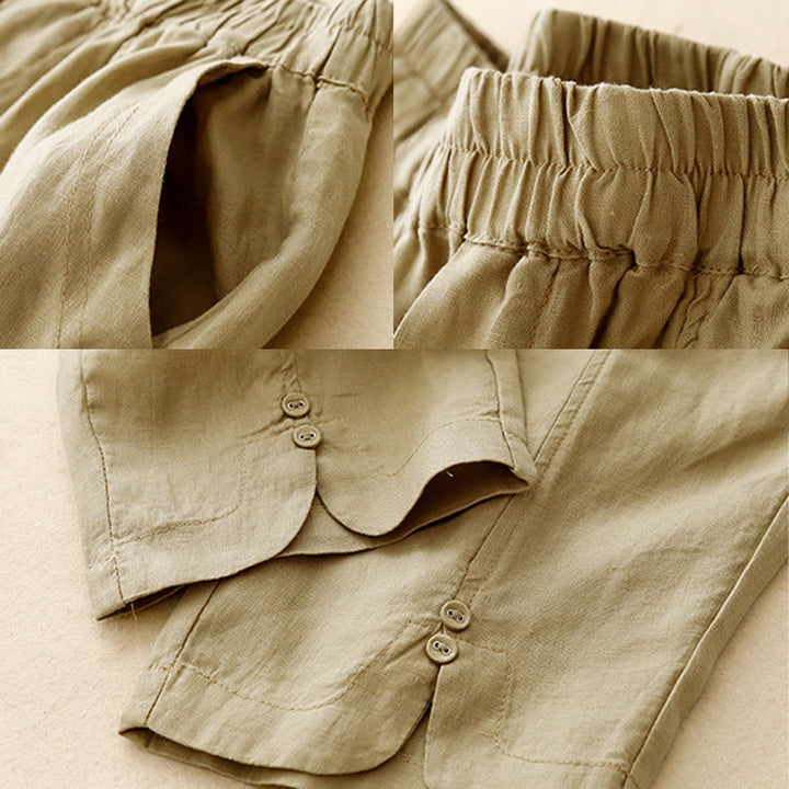 Buddha Stones Summer Solid Color Side Button Design Cotton Linen Women's Harem Pants With Pockets - image 3