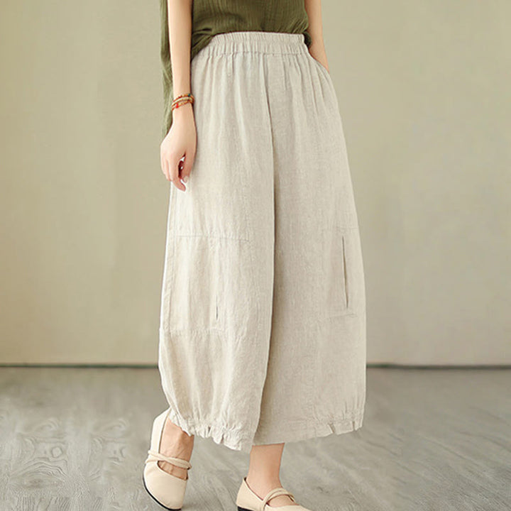 Buddha Stones Vintage Casual Pleated Design Cotton Women's Wide Leg Pants With Pockets - Beige - US8-10，UK/AU12-14，EU40-42 (2XL) - image 12