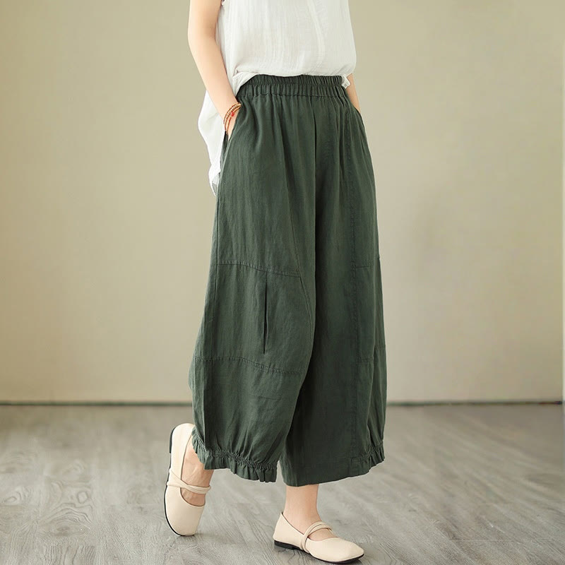 Buddha Stones Vintage Casual Pleated Design Cotton Women's Wide Leg Pants With Pockets - DarkGreen - US8-10，UK/AU12-14，EU40-42 (2XL) - image 0