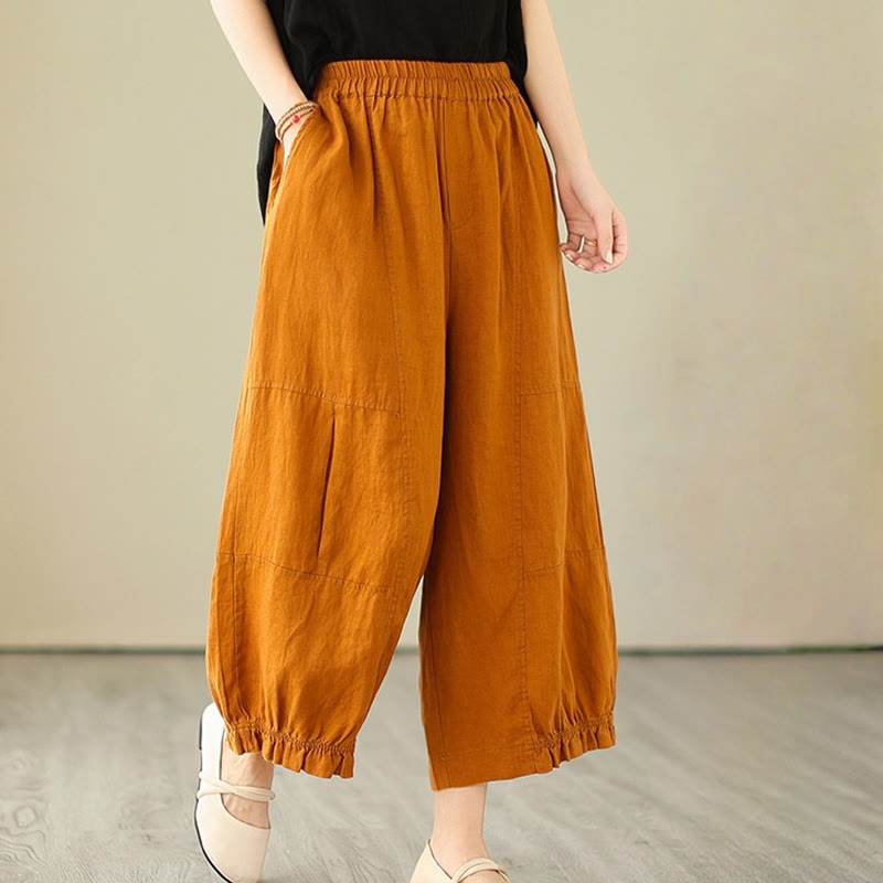 Buddha Stones Vintage Casual Pleated Design Cotton Women's Wide Leg Pants With Pockets - DarkOrange - US8-10，UK/AU12-14，EU40-42 (2XL) - image 6