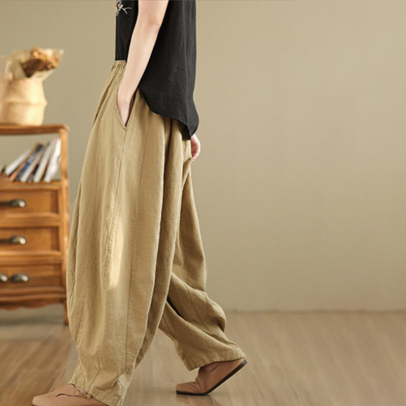 Buddha Stones Vintage Patchwork Lantern Design Cotton Linen Women's Wide Leg Pants With Pockets - image 14