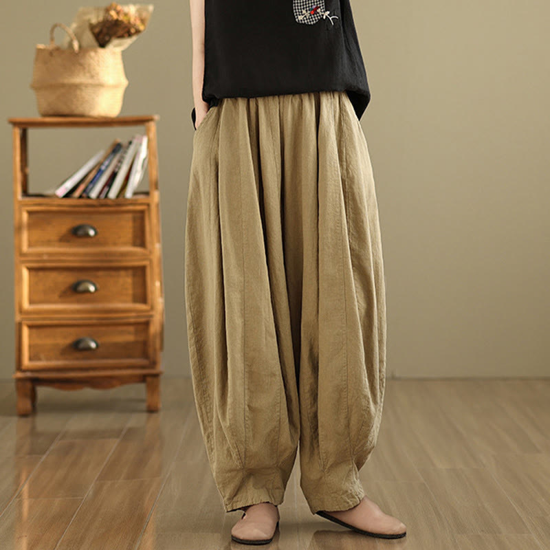 Buddha Stones Vintage Patchwork Lantern Design Cotton Linen Women's Wide Leg Pants With Pockets - image 15