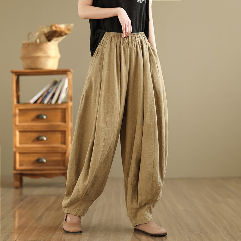 Buddha Stones Vintage Patchwork Lantern Design Cotton Linen Women's Wide Leg Pants With Pockets - DarkKhaki - US8-10，UK/AU12-14，EU40-42 (2XL) - image 13