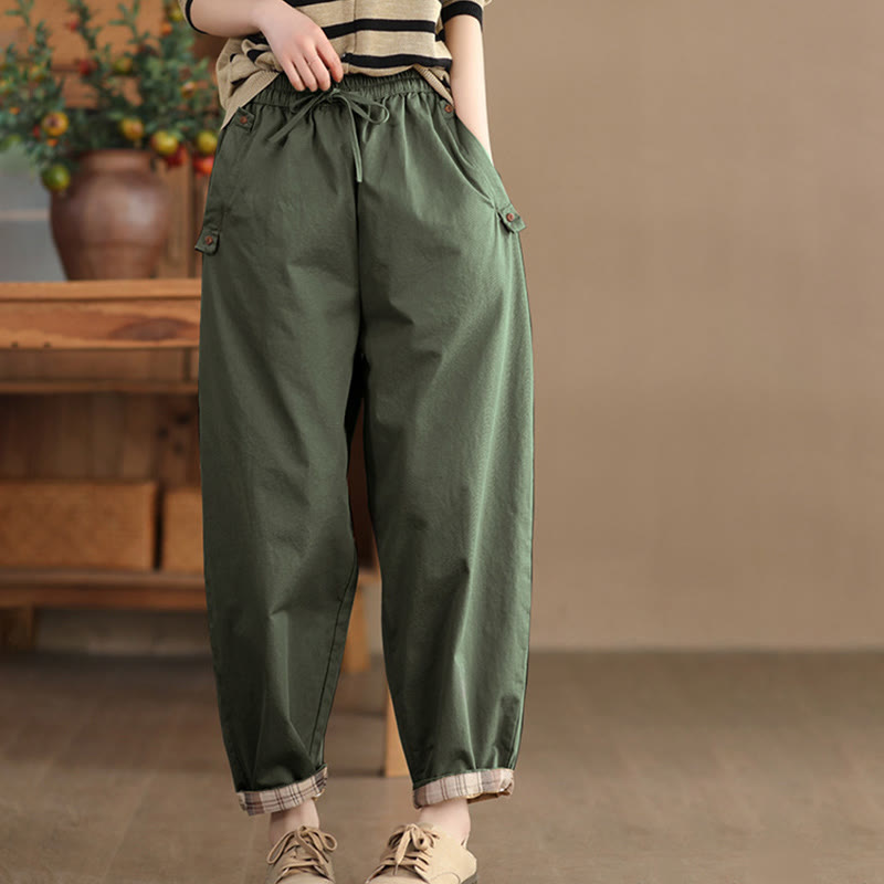 Buddha Stones Casual Plain Patched Cuff Design Women's Cotton Harem Pants With Pockets - Green - US8-10，UK/AU12-14，EU40-42 (2XL) - image 12