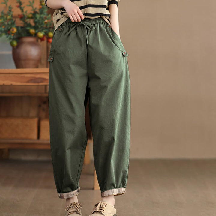Buddha Stones Casual Plain Patched Cuff Design Women's Cotton Harem Pants With Pockets - Green - US8-10，UK/AU12-14，EU40-42 (2XL) - image 12