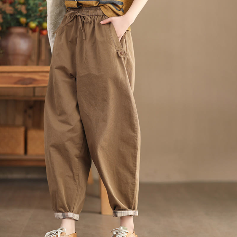 Buddha Stones Casual Plain Patched Cuff Design Women's Cotton Harem Pants With Pockets - DarkGoldenrod - US8-10，UK/AU12-14，EU40-42 (2XL) - image 0
