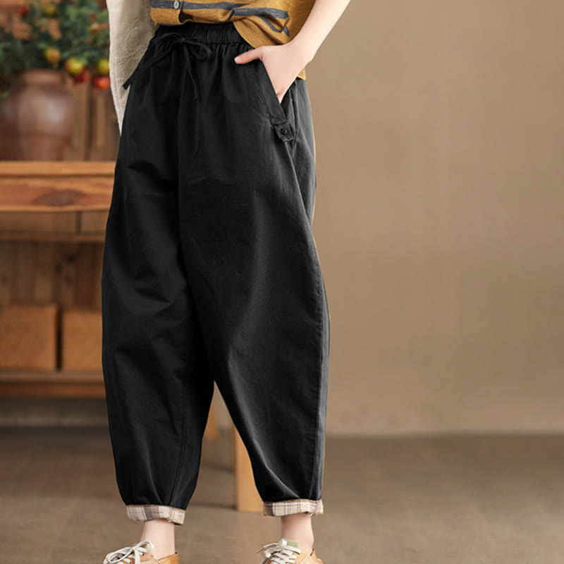 Buddha Stones Casual Plain Patched Cuff Design Women's Cotton Harem Pants With Pockets - Black - US8-10，UK/AU12-14，EU40-42 (2XL) - image 9