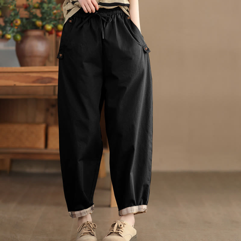 Buddha Stones Casual Plain Patched Cuff Design Women's Cotton Harem Pants With Pockets - image 10