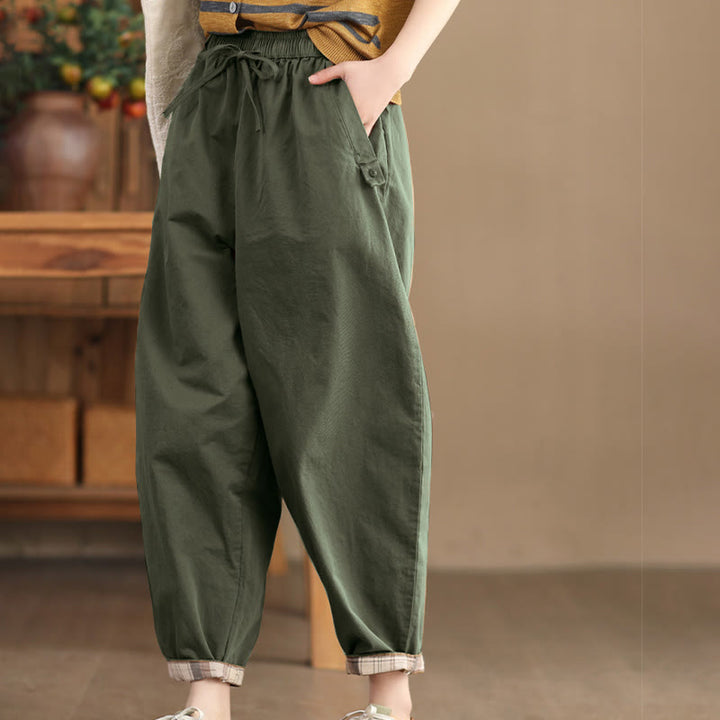 Buddha Stones Casual Plain Patched Cuff Design Women's Cotton Harem Pants With Pockets - image 13