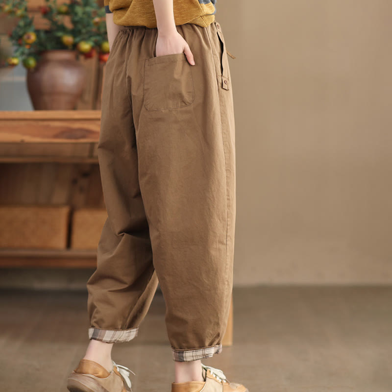 Buddha Stones Casual Plain Patched Cuff Design Women's Cotton Harem Pants With Pockets - image 1