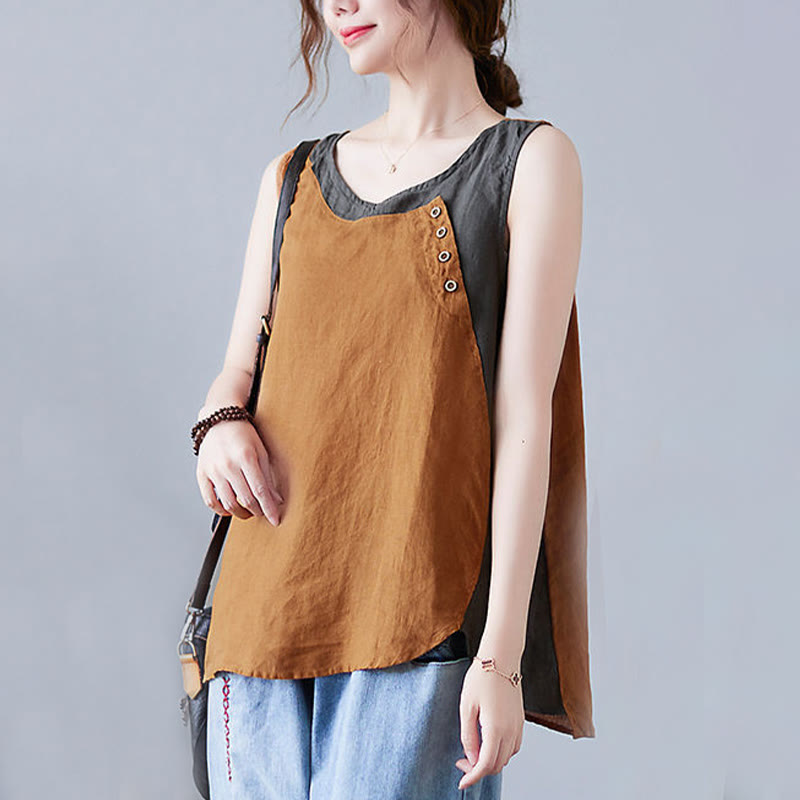Buddha Stones Summer Color Matching Fake 2 Pieces Design Crew Collar Cotton Linen Women's Vest Waistcoat - image 23