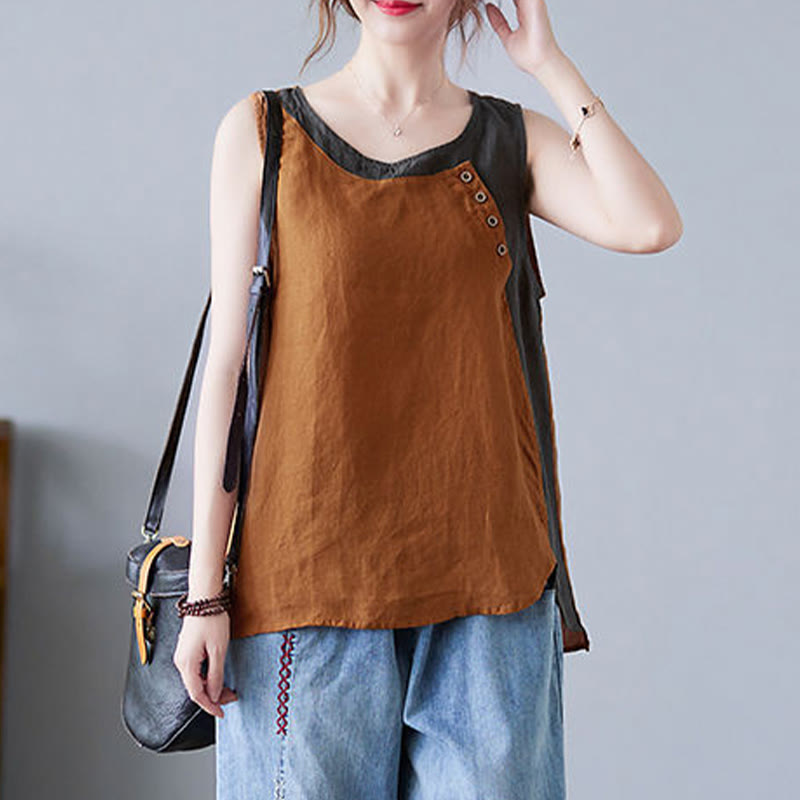 Buddha Stones Summer Color Matching Fake 2 Pieces Design Crew Collar Cotton Linen Women's Vest Waistcoat - image 21