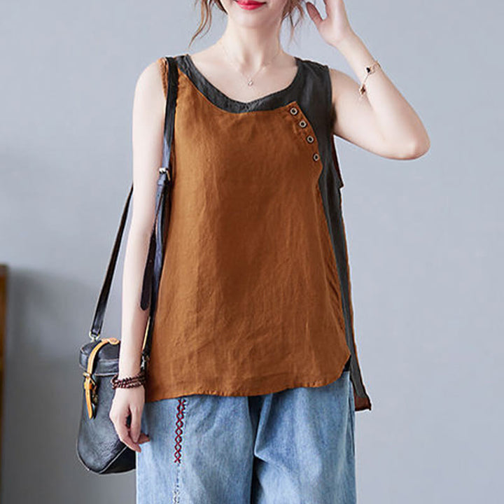 Buddha Stones Summer Color Matching Fake 2 Pieces Design Crew Collar Cotton Linen Women's Vest Waistcoat - image 21